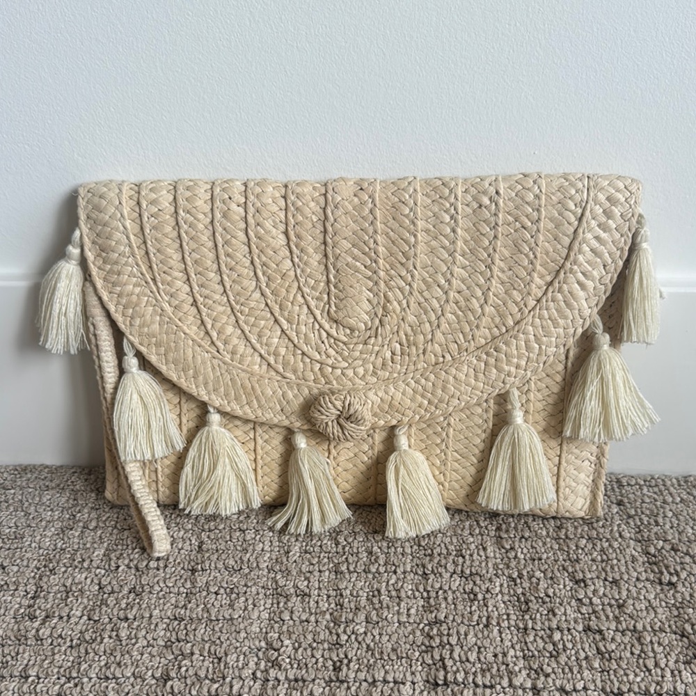 Elegant Cream Woven Clutch with Tassels